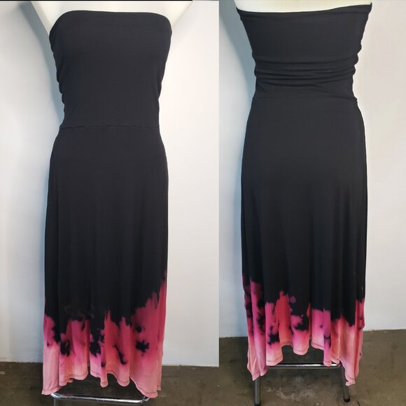 Black Pink Fire Tie Dye Long Assymetrical Boho Halter Dress - Picture 1 of 9